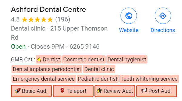 Ashford Dental Centre's business categories, as shown by the GMB Everywhere extension
