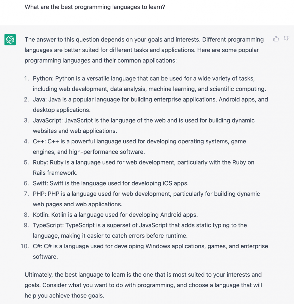 ChatGPT's response on the best programming languages to learn.
