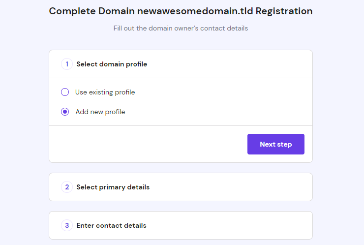 Contact details form for domain registration on hPanel
