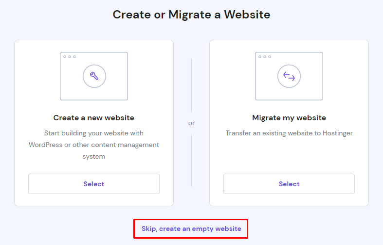 Options to create or migrate a website on hPanel, with the "Skip, create an empty website" link highlighted.