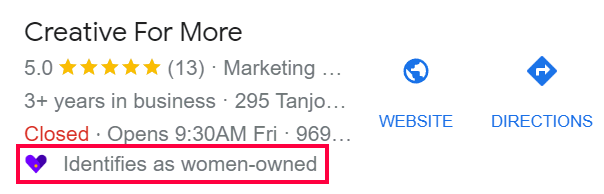 Creative For More's business listing displays "identifies as women-owned" special attribute