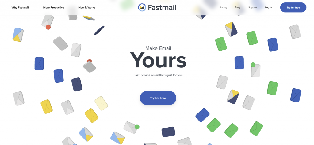 The Fastmail official homepage with a button to try the service for free.