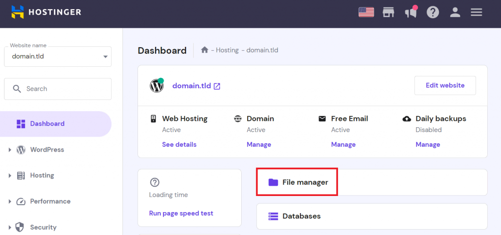 File manager button in hPanel
