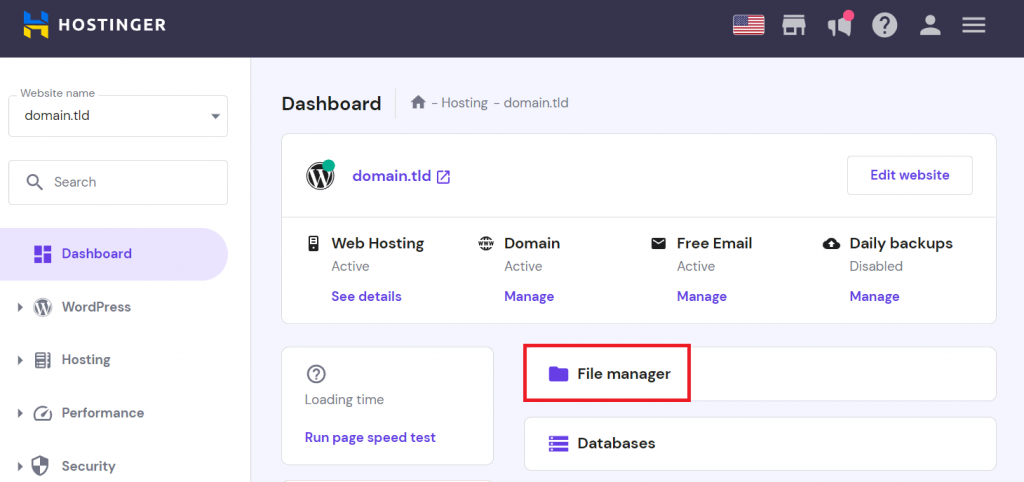 File manager button in hPanel