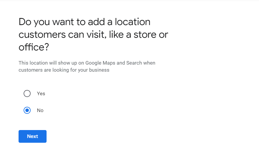 GMB registration page: Do you want to add a location customers can visit?
