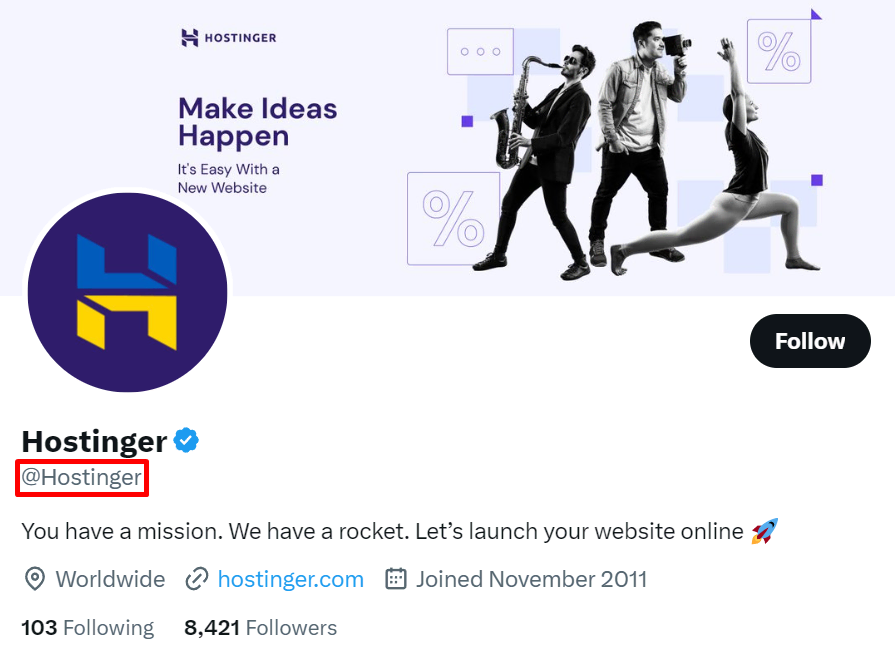 Hostinger's Twitter profile with the @Hostinger handle highlighted