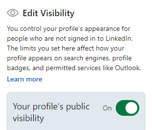 LinkedIn's Edit Visibility panel with Your profile's public visibility toggled on