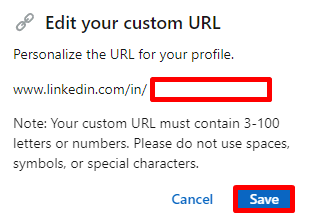 LinkedIn's Edit your custom URL panel with the Public Profile URL field and the Save button highlighted