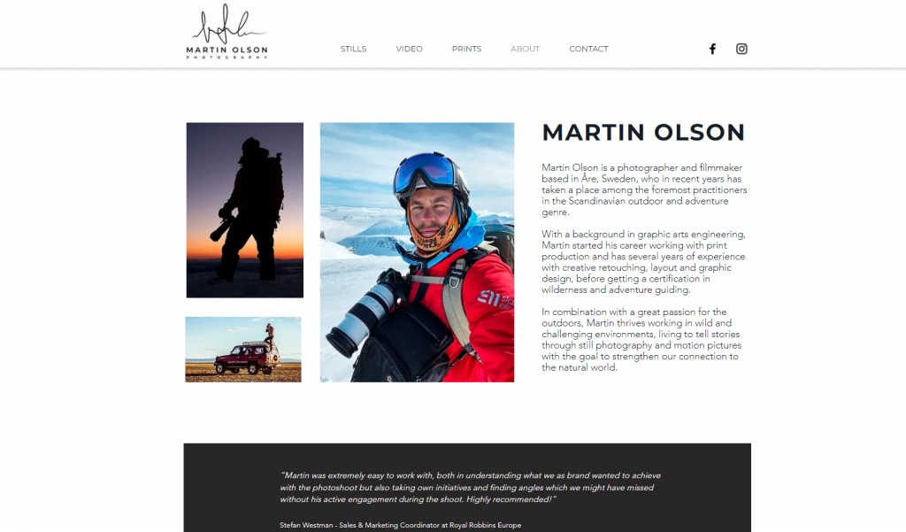 Martin Olson's About Me page showing several pictures of him, a short bio, and a testimonial