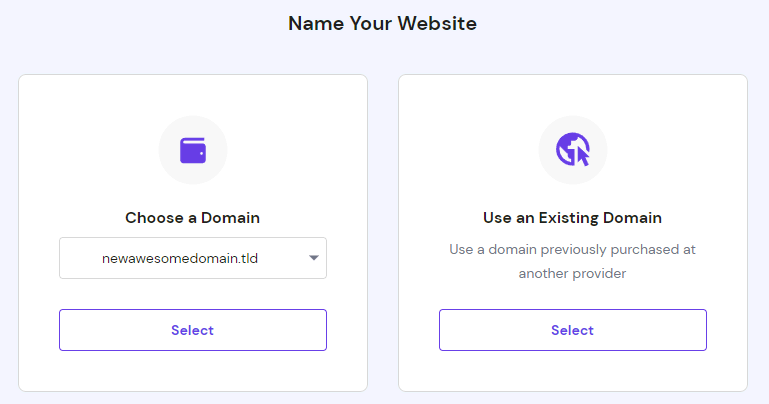 Options to name your website page on hPanel, showing the options to choose a domain or use an existing domain from another provider