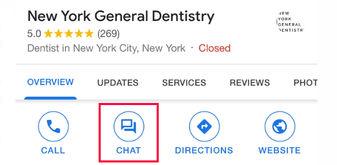 New York General Dentistry's listing overview with the Chat button highlighted
