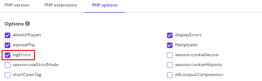 The PHP options tab in the PHP configuration section on hPanel. logErrors option is highlighted