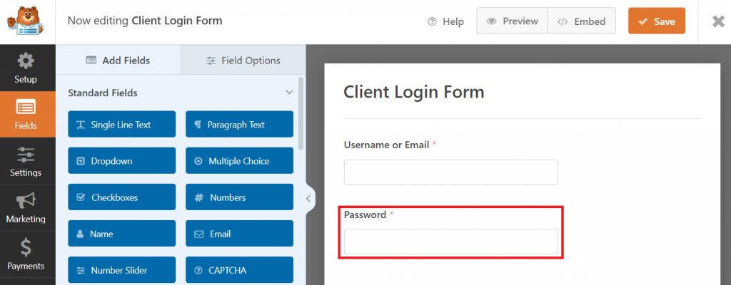 Password field in WPForms' login form template