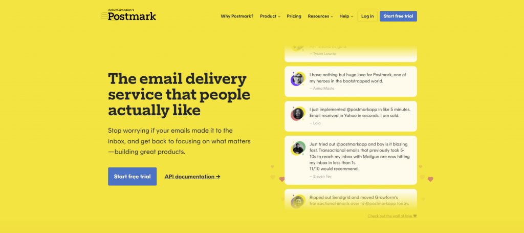 The Postmark official homepage with a button to start its free trial.