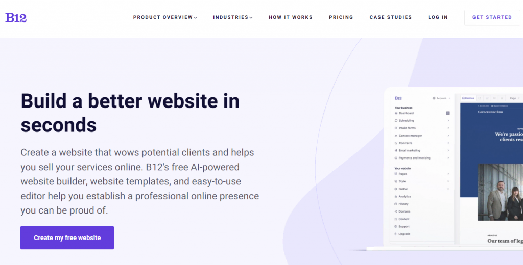 The B12 website builder landing page