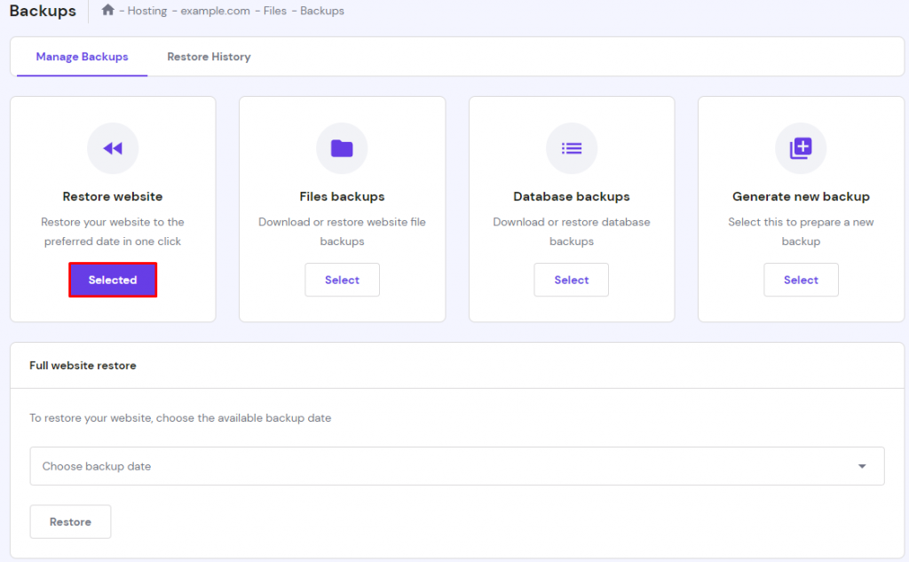 The Backups menu on hPanel with the Selected option highlighted