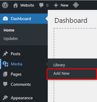The Media menu on WordPress Dashboard with the Add New option highlighted
