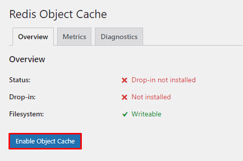 The Redis Object Cache settings on the WordPress dashboard, with the Enable Object Cache highlighted
