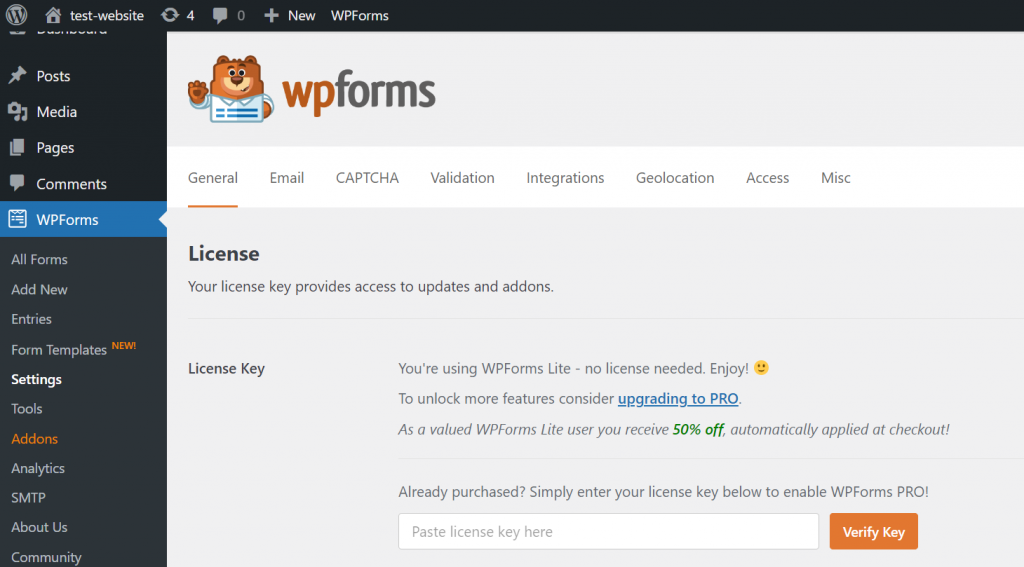 The activation menu in WPForms' settings page