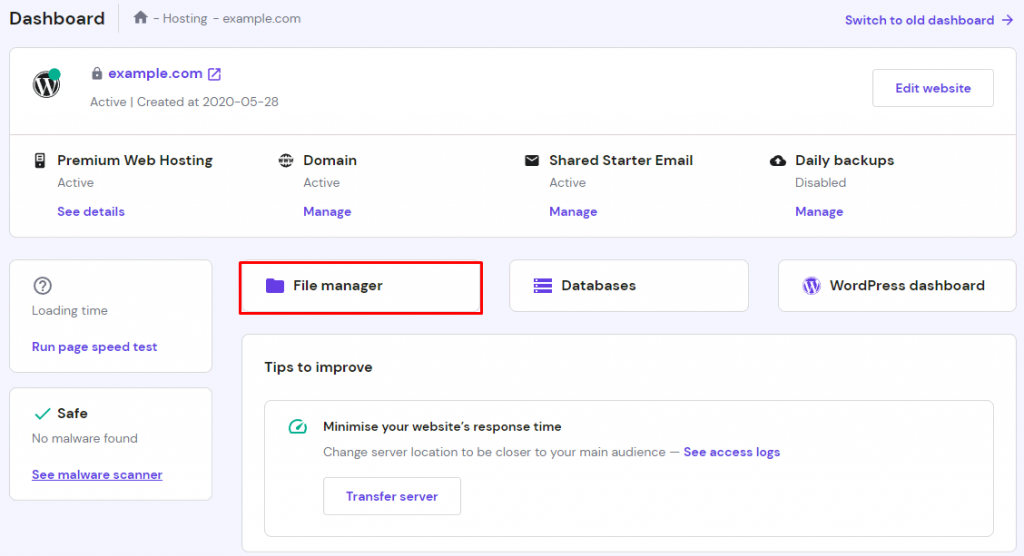 The hPanel's hosting dashboard, highlighting the File manager option