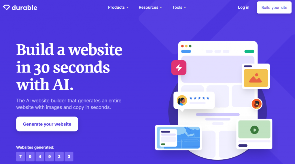 The landing page of Durable Website Builder