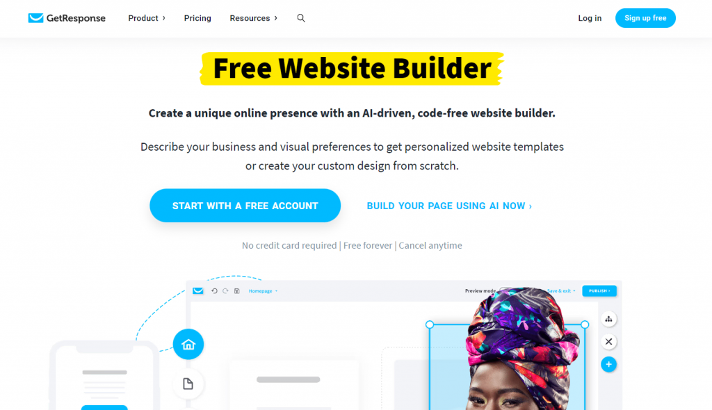 The landing page of Get Response AI website builder