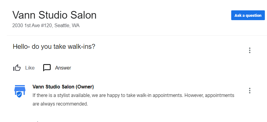 Vann Studio Salon's Q&A section displays the question, "Hello, do you take walk-ins?"
