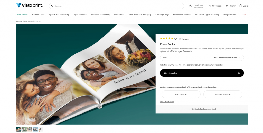 Vistaprint's product page for photo books