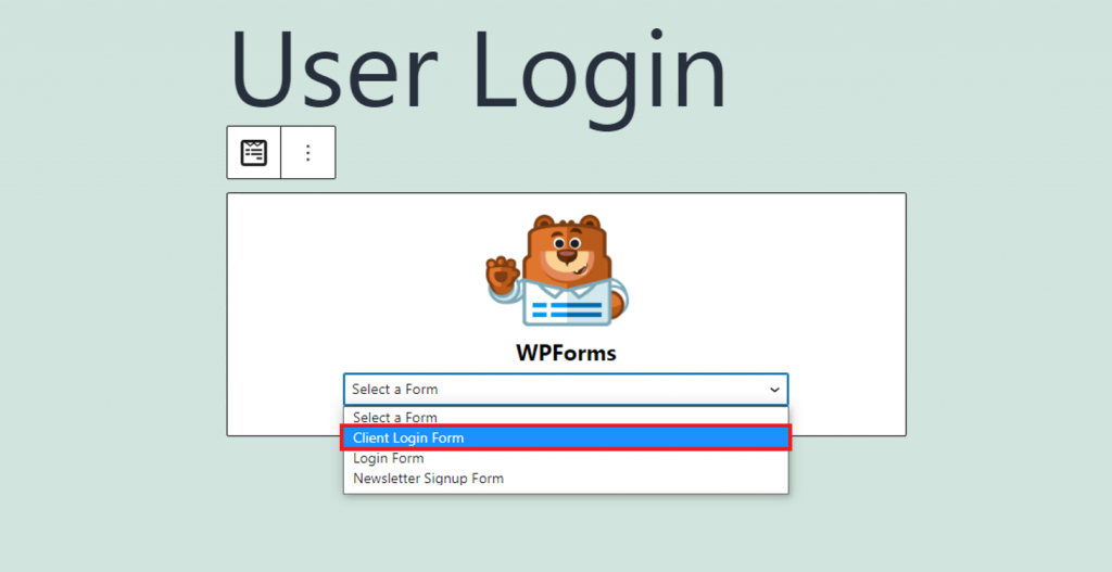 WPForms' custom block drop-down menu