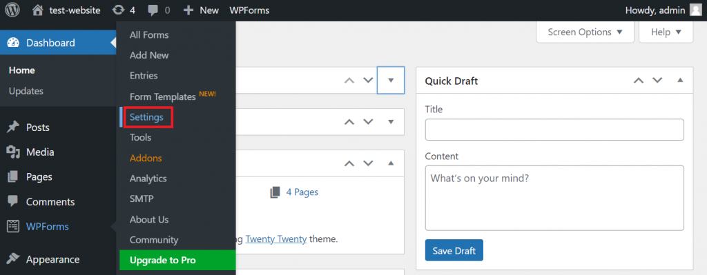 WPForms' settings menu in the WordPress sidebar