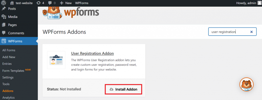 WPForms' user registration add-on installation button
