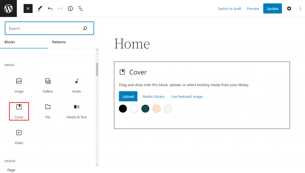 WordPress block editor highlighting the Cover block