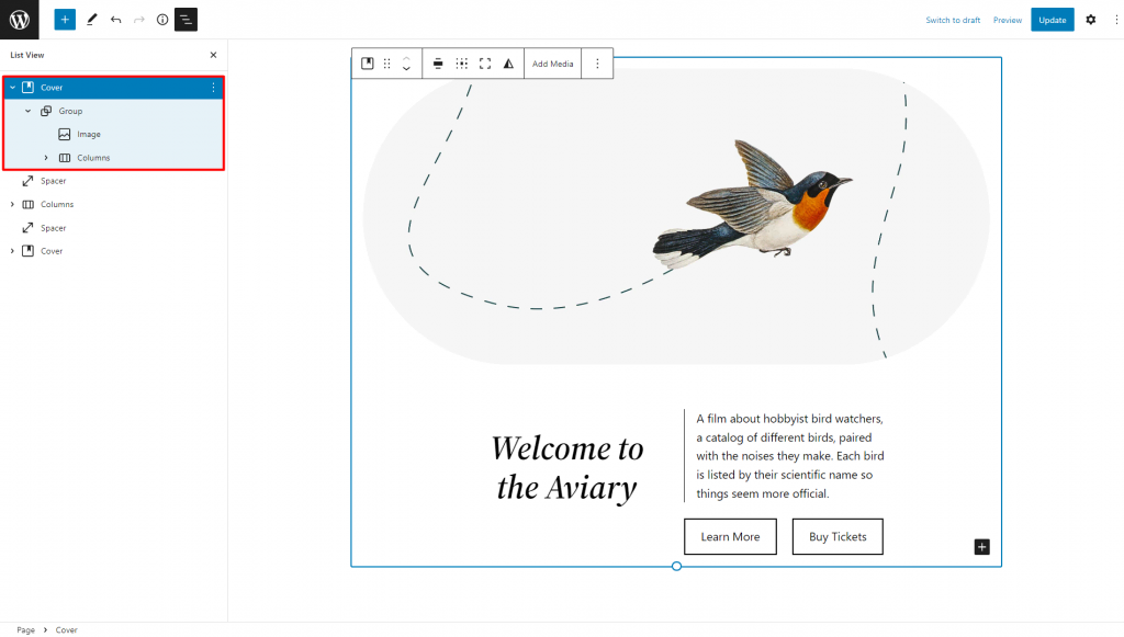 WordPress block editor showing List View with the Cover block highlighted
