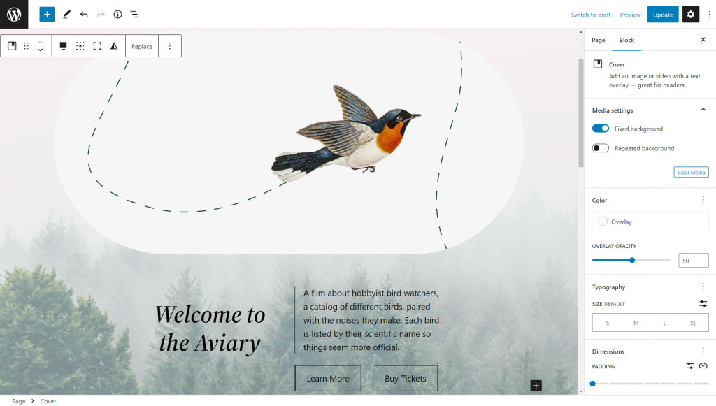 WordPress block editor showing a background image of a bird