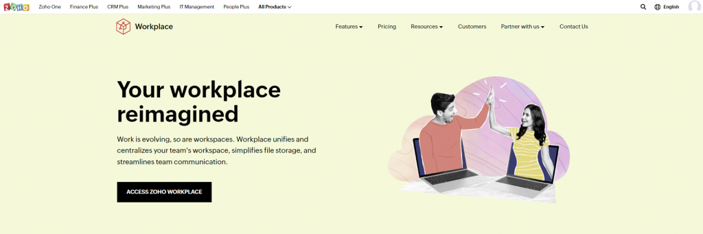The Zoho Workplace official homepage with a button to access its email hosting services.