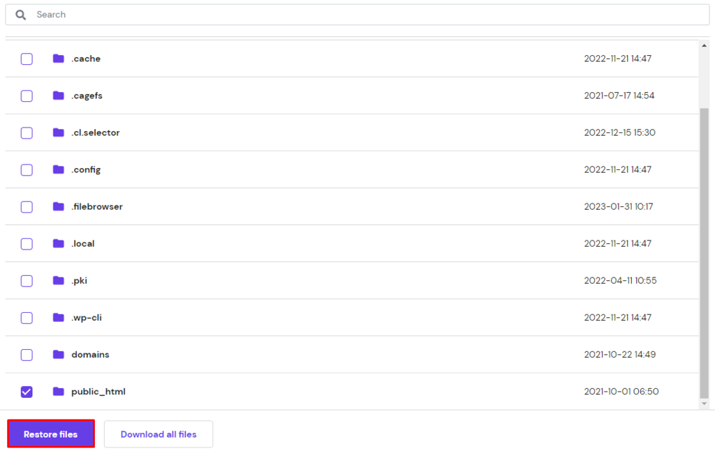 Restoring backup files using hPanel.