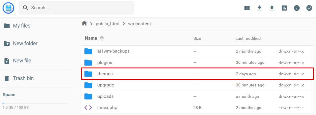 The themes folder where your parent theme and child theme’s directory will be located in the hPanel