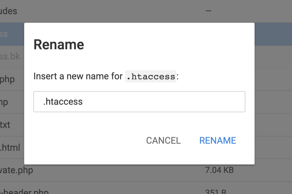 Pop-up for renaming .htaccess file