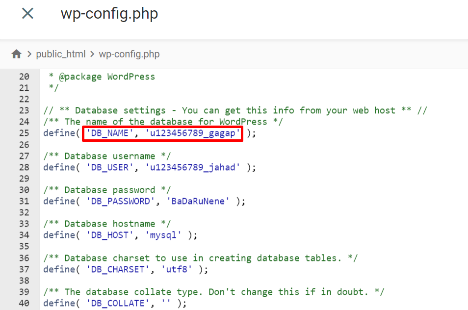 wp-config file, database username highlighted