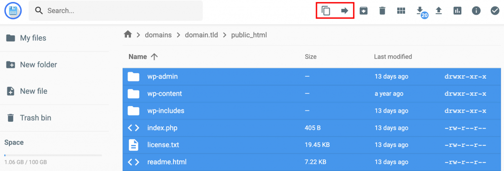 The public_html folder on Hostingers' file manager. The Copy and move buttons are highlighted