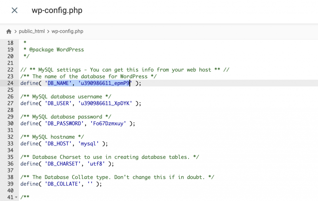 The database name on the wp-config.php file
