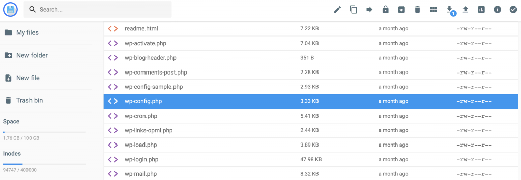 The wp-config.php file on Hostinger's file manager