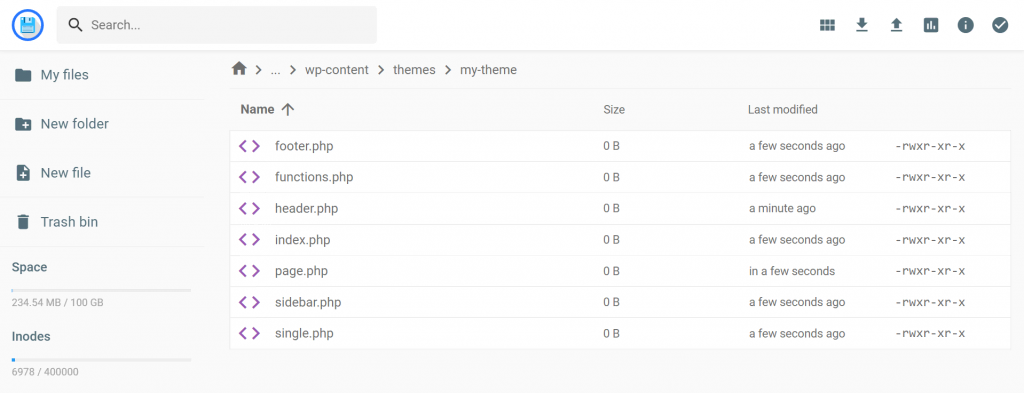 Hostinger's File Manager, showing what the custom my-theme folder looks like inside, containing the custom PHP template files