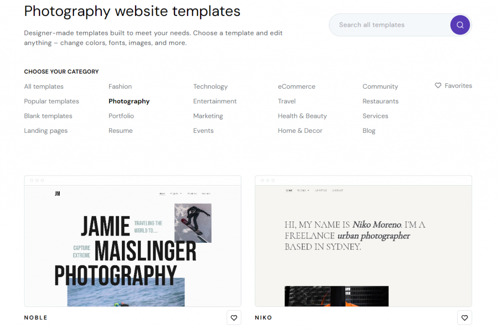 Hostinger Website Builder's Photography website templates