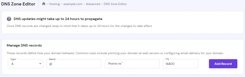 The "DNS Zone Editor" feature on hPanel