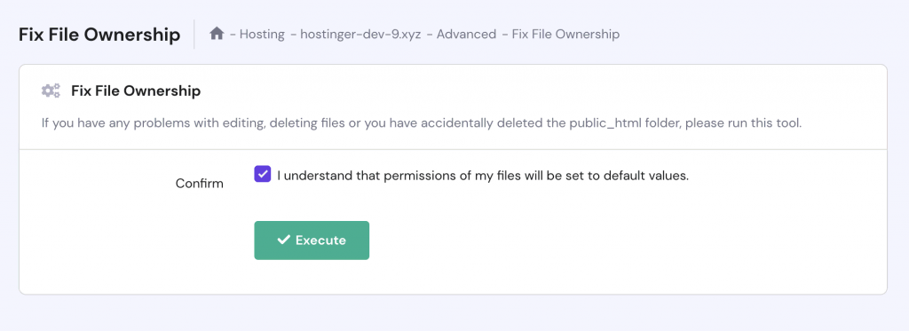 The "Fix File Ownership" section on hPanel