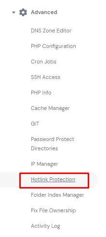The Advanced menu on hPanel, highlighting the Hotlink Protection option