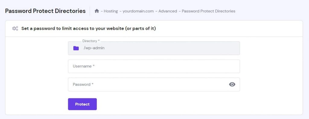 The Password Protect Directories section in the Advanced menu of hPanel