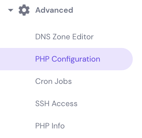PHP Configuration section on hPanel