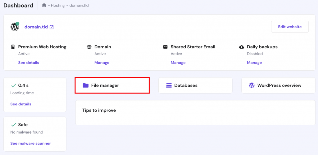 hPanel dashboard, File manager highlighted